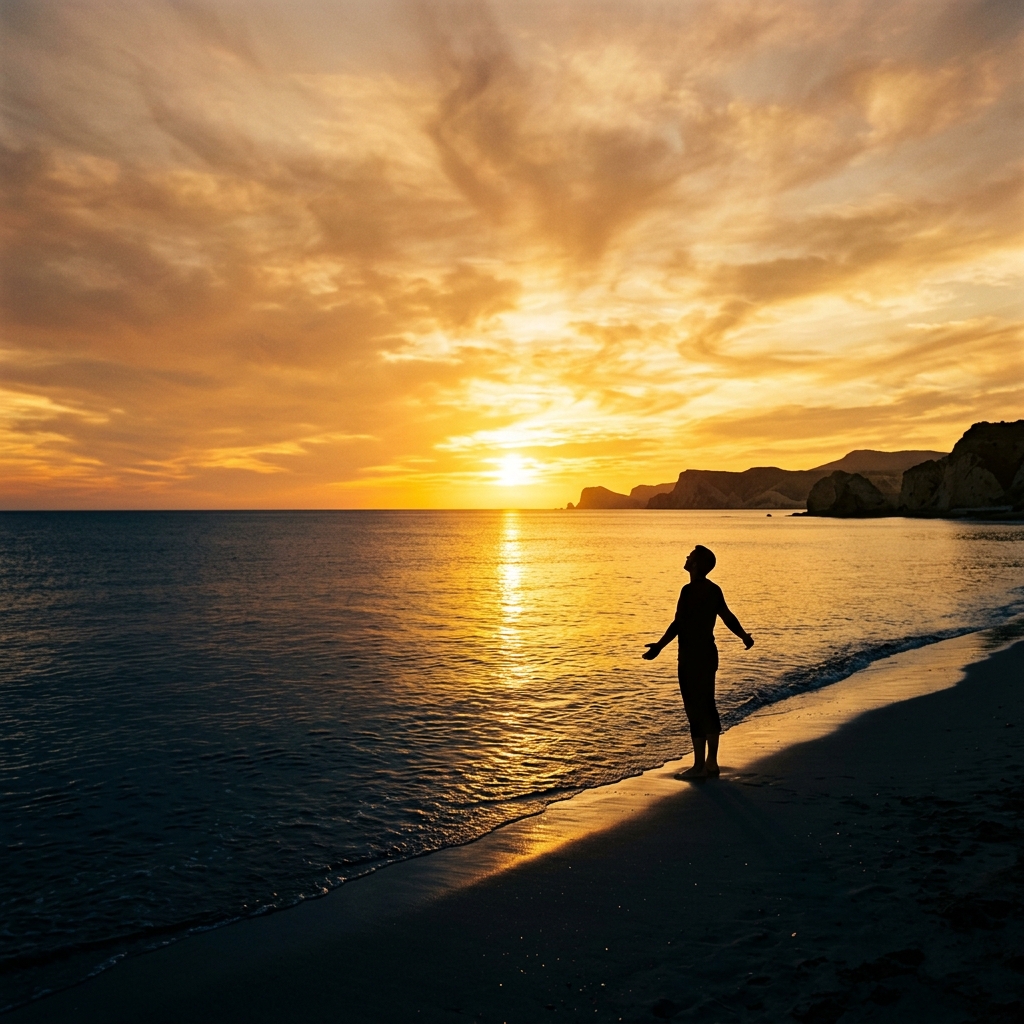Silhouette figure standing at the ocean's edge facing a golden sunrise — symbolizing rebirth and a new beginning after brokenness