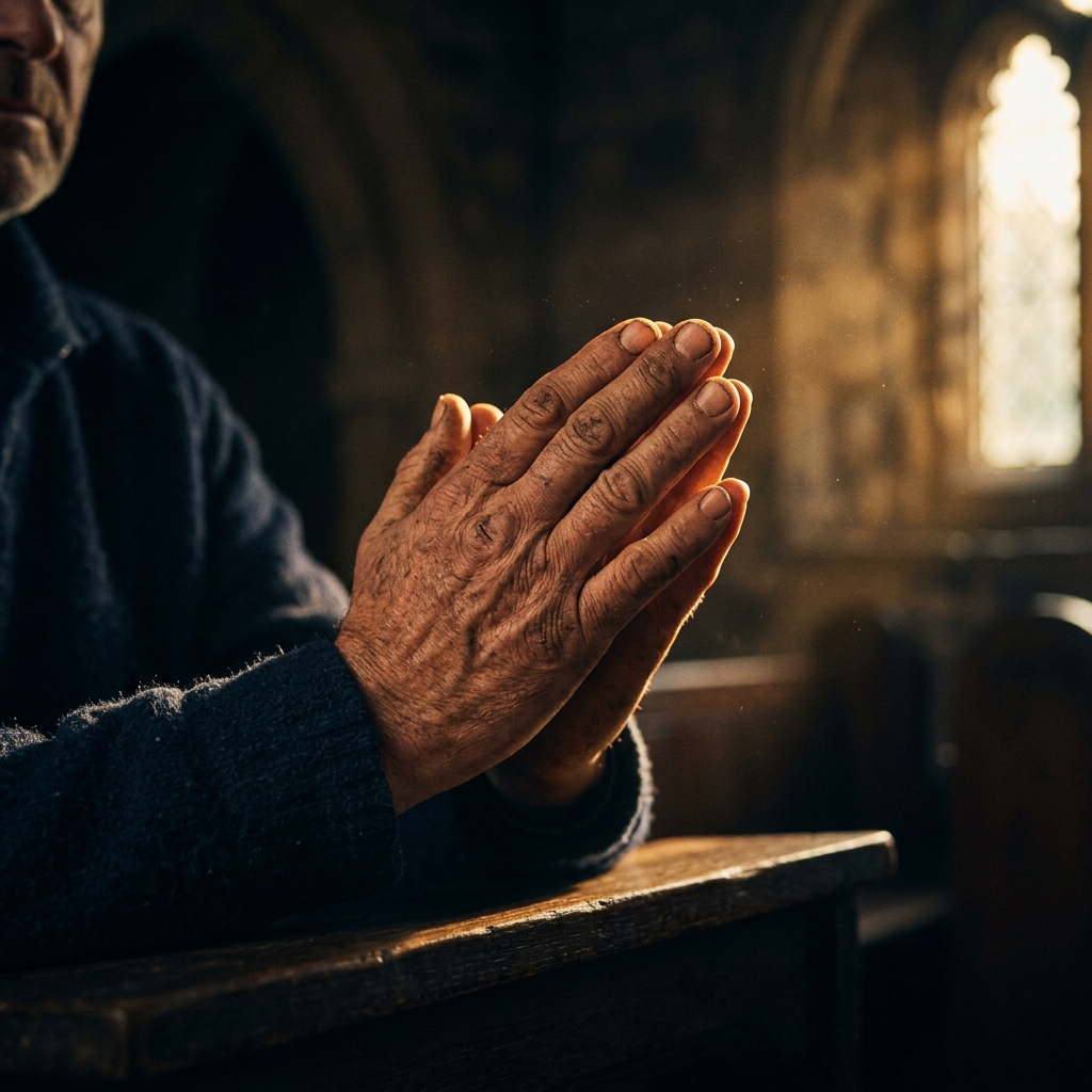 Weathered hands clasped in prayer illuminated by golden dawn light — the moment of surrender before transformation