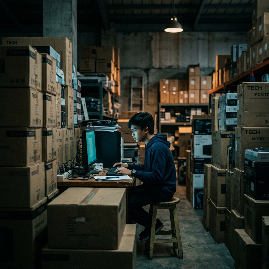 Young entrepreneur alone at a desk surrounded by stacks of computer boxes in a dimly lit warehouse, teal monitor glow on his face — the weight of fast growth