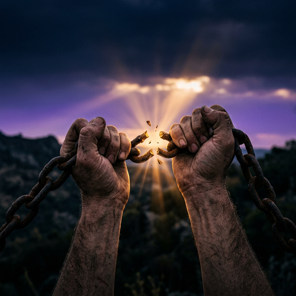 Hands breaking free from rusted chains against a violet and amber dawn sky — symbolizing the breakthrough from survival mindset to abundance